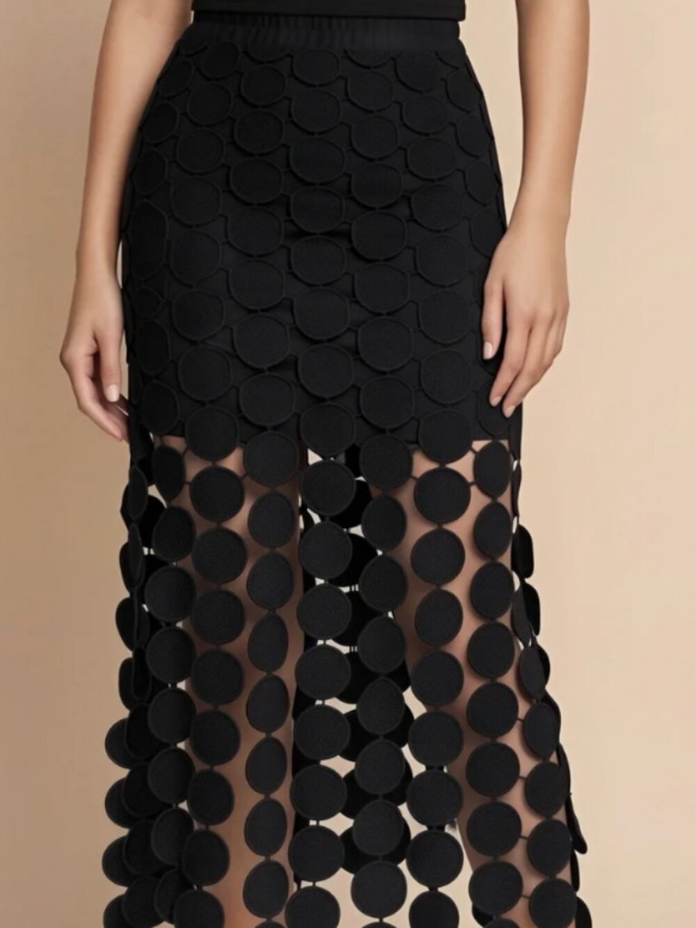 CICY BELL Black Hollow Out Circle Fringe Hem Maxi Skirt